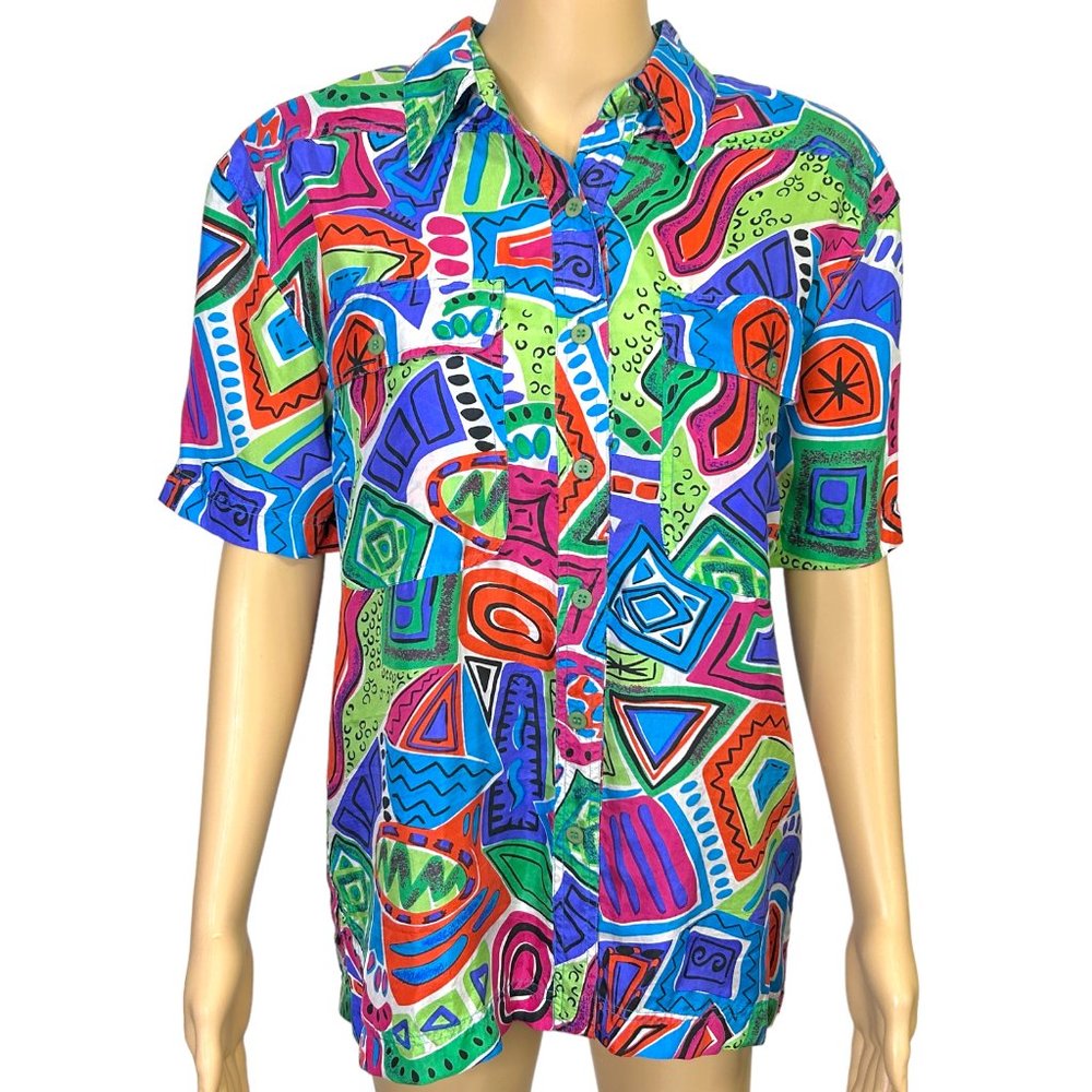 Vintage‎ Silk Time Womens M Bright Colorful Button Up Short Sleeve Blouse Shirt